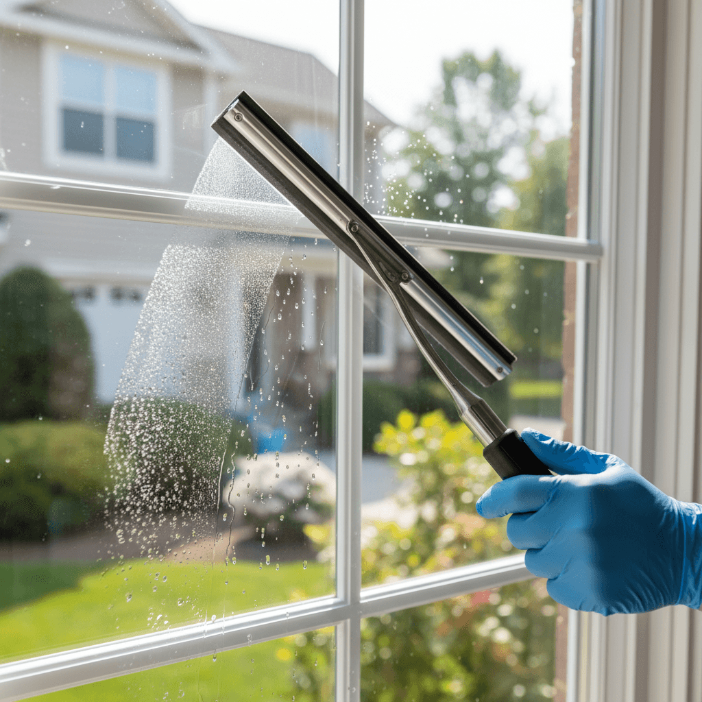 Squeegee cleaning a window with Seattle home blurred in background